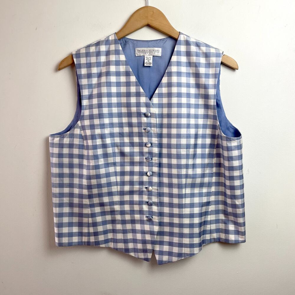 Vintage 90s Silk Gingham Vest Top L-XL Cottage Twee Quirky Picnic Print Pastel
